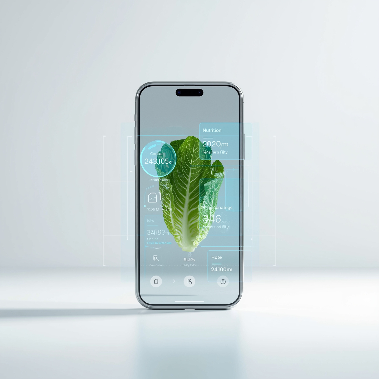 ClarifyAR angled phone mockup with AR product badges, recipe chips, and Complete My Meal panel